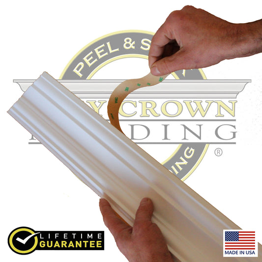 Easy Crown Molding peel and stick installs with no tools.